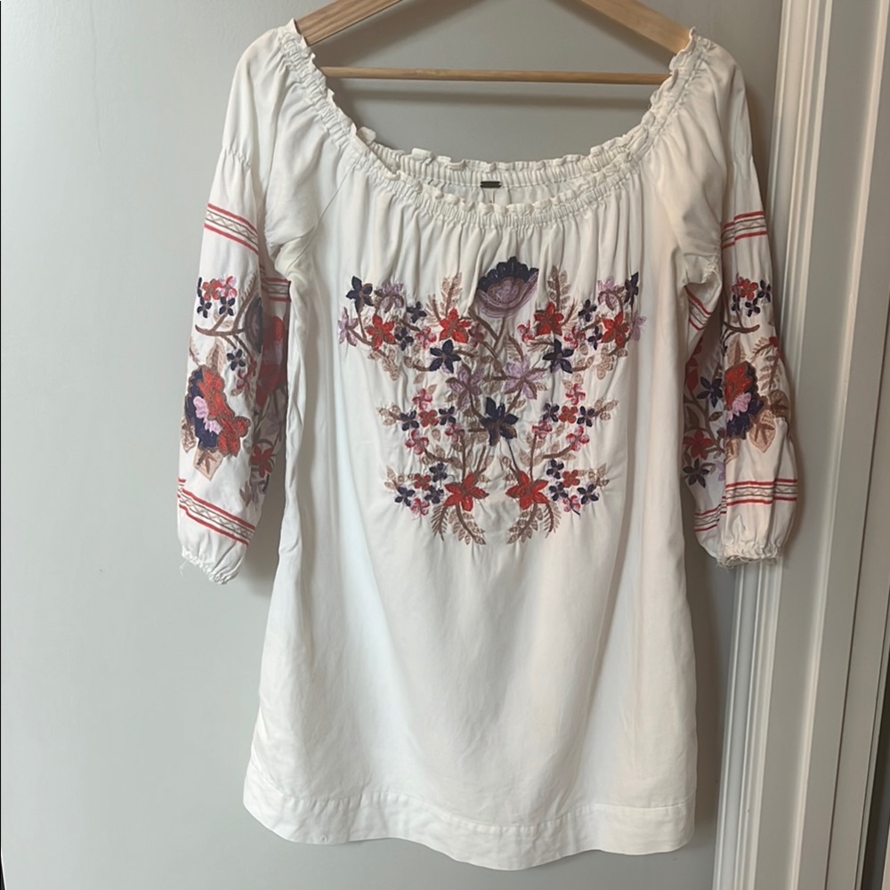 Free People White and Pink Embellished 3/4 Sleeve Blouse